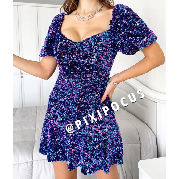 Zara Sequin Mini Dress Puff Sleeve 